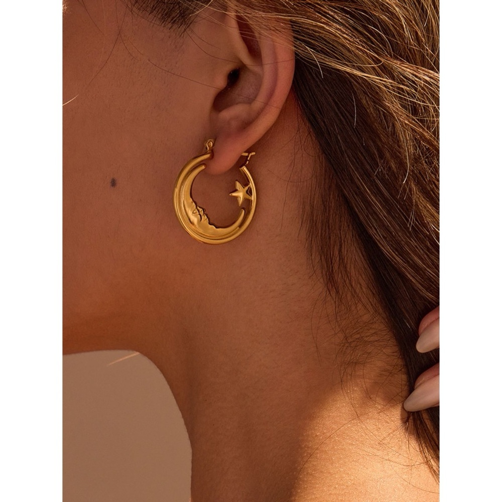 New Boho 18K Gold-Plated Crescent Moon Star Hoop Earrings